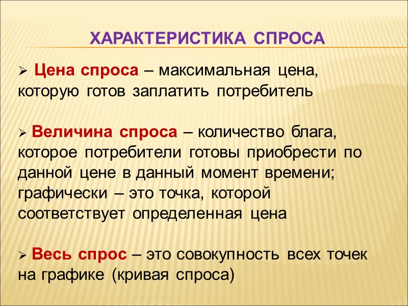 Характеристика спроса  Цена спроса – максимальная цена, которую готов заплатить потребитель  
